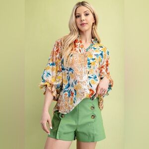 Gigio USA Floral Ruffle Sleeve Blouse Size Large Multicolor Lightweight Top